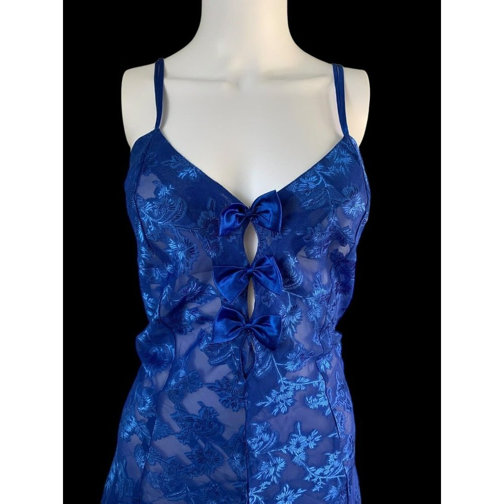 Vintage Jolynn Blue Bows Sheer Satin Floral Slip Dress Lingerie 90s Nightgown LG